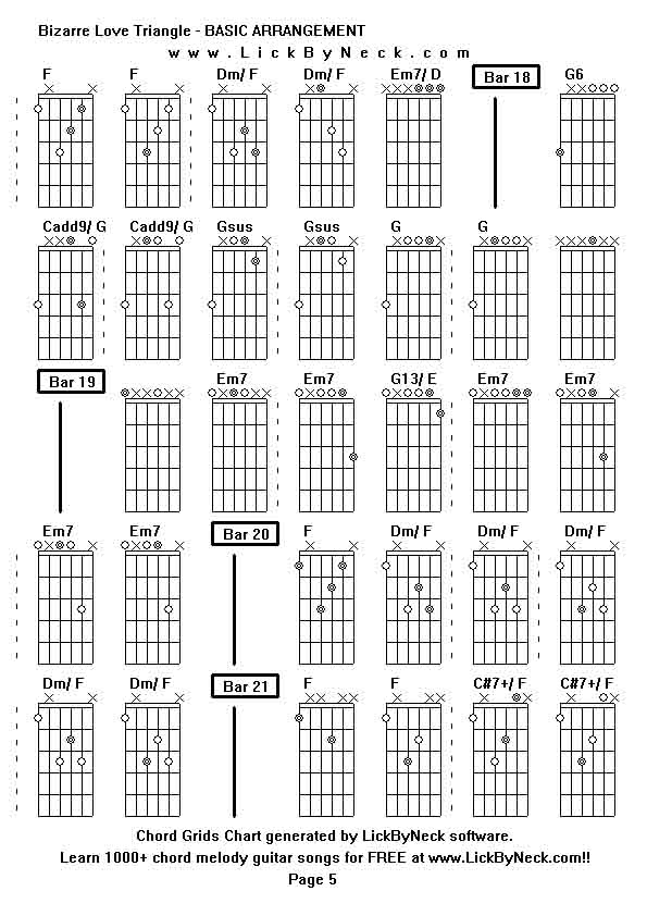 Chord Grids Chart of chord melody fingerstyle guitar song-Bizarre Love Triangle - BASIC ARRANGEMENT,generated by LickByNeck software.